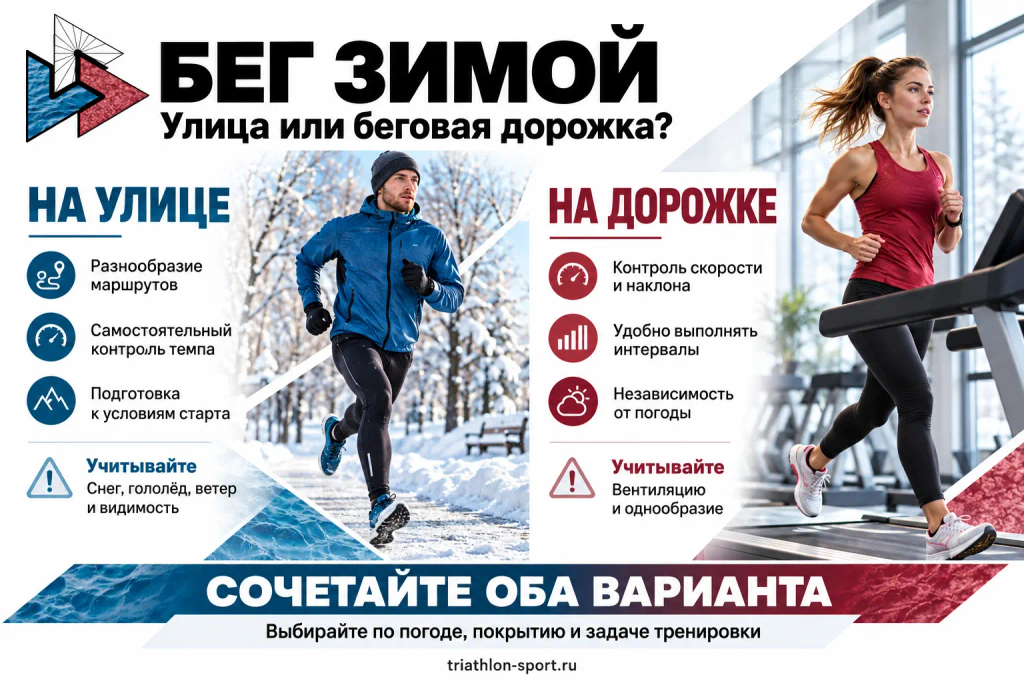 Инфографика: преимущества бега зимой на улице и беговой дорожке, особенности выбора условий для тренировки.