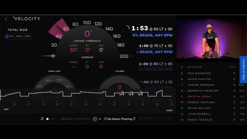 Интерфейс велосипедной платформы Velocity с показателями мощности, каденса и программой тренировки.