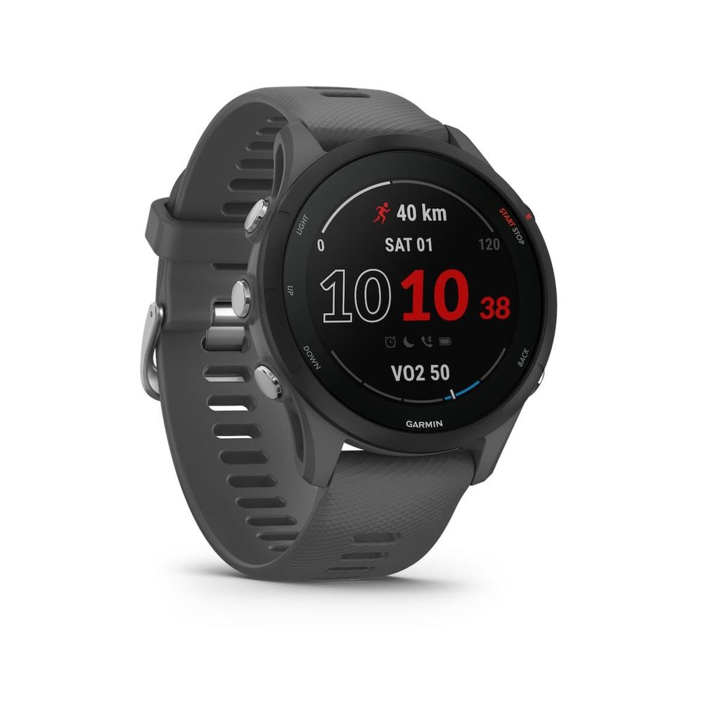 Чёрные спортивные часы Garmin Forerunner 255S с показателями дистанции, времени и VO₂ max.