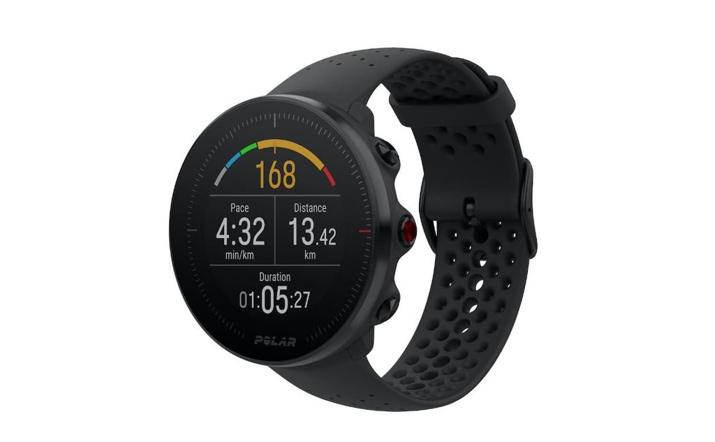 Чёрные спортивные часы Polar Vantage M с показателями пульса, темпа, дистанции и времени тренировки.