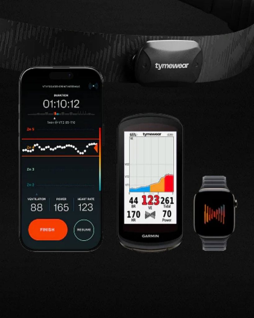 Датчик дыхания Tymewear VitalPro с отображением вентиляции, мощности и пульса на смартфоне, велокомпьютере Garmin и часах.